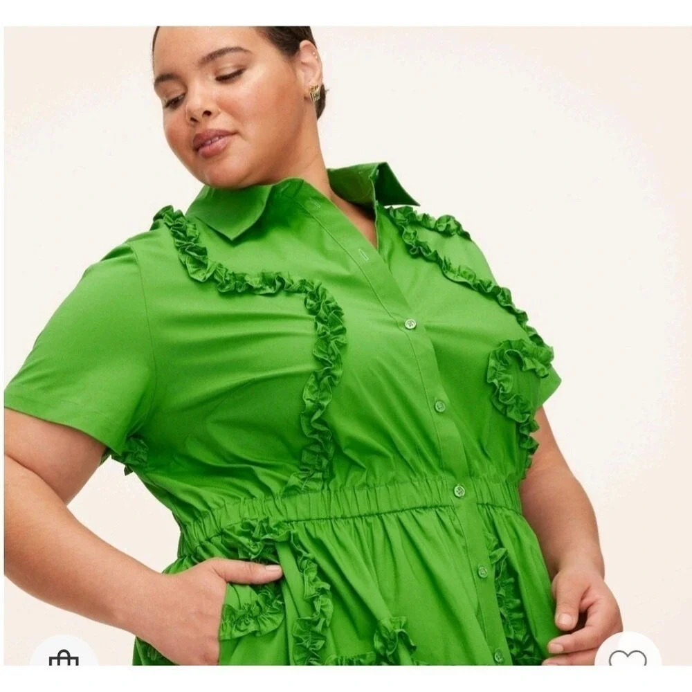 Kate Spade xTarget Green Ruffle Dress Midi Button‎ Front Short Sleeve Sz M